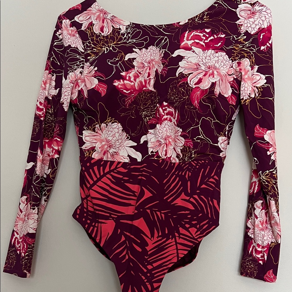 Long-Sleeve Floral One-Piece Swimsuit in Burgundy Pink
